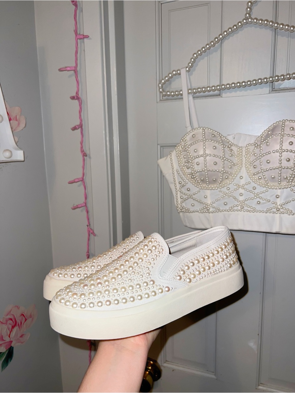 Pearl-Embellished Slip-On Sneakers - White